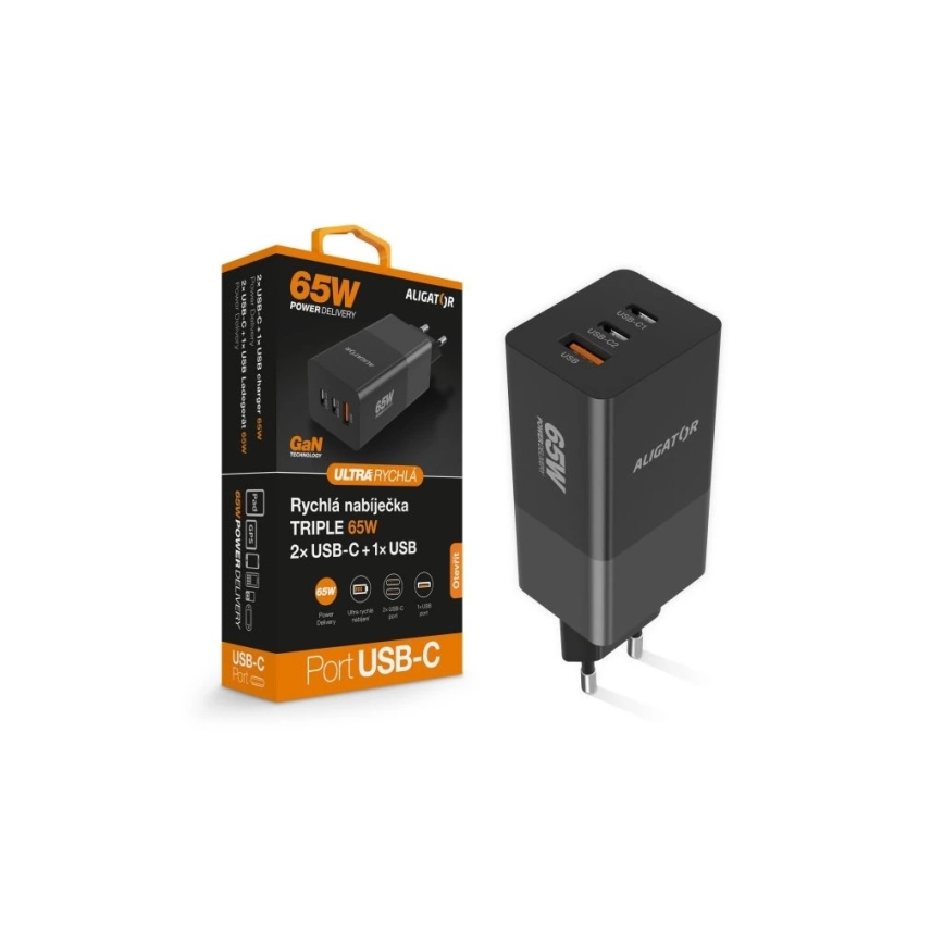 Aligator CHPD0027 - GaN Power Delivery 65W Fast-Charging Adapter, 2x USB-C + USB-A, Black
