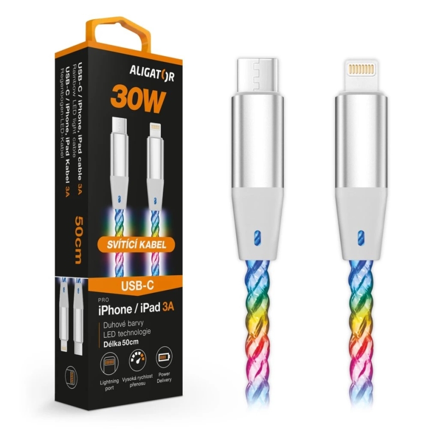 Aligator DATKP65 - USB-kabel USB-C/Lightning met LED-verlichting 30W Power Delivery 0,5m