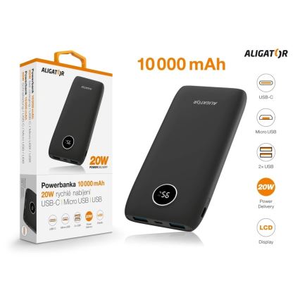 Aligator PBPD10BK - 10,000 mAh Powerbank met LCD Display, 20W Power Delivery, 3.7V — Black