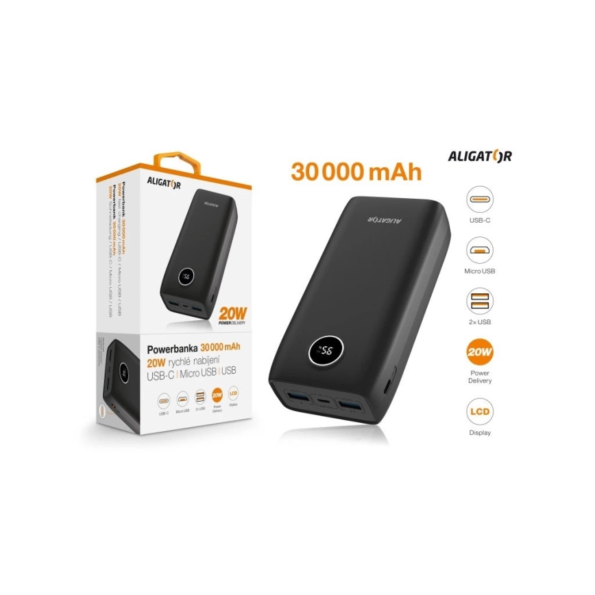 Aligator PBPD30BK - 30,000 mAh Powerbank met LCD Display, Power Delivery 20W / 3.7V, Black