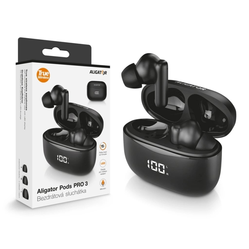 Aligator TWS06 - Pods PRO 3 Draadloos Earbuds, 200 mAh Charging Case + 2x 30 mAh Earbuds, IP30, Black