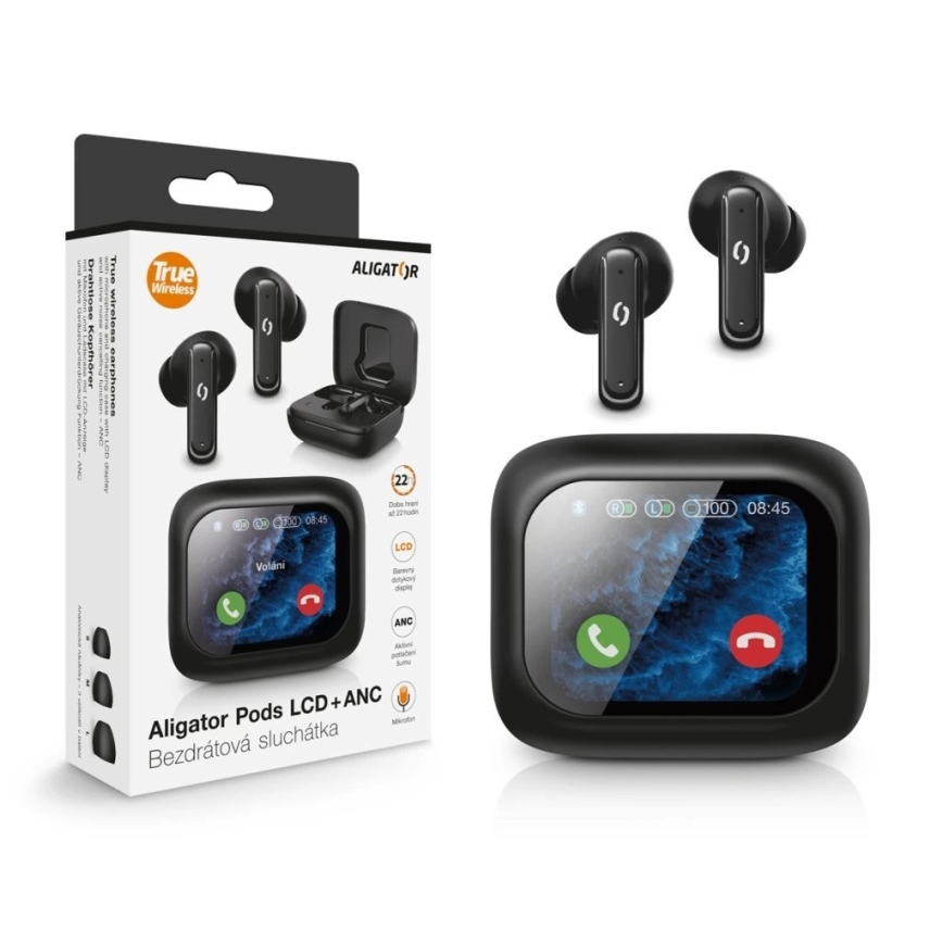 Aligator TWS07 - Draadloos Pods Earbuds met LCD scherm + ANC, 400 mAh + 2x 40 mAh, IP30, Black