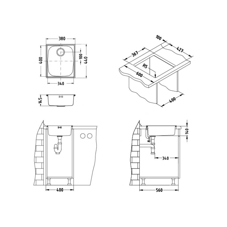 ALVEUS 1082195 - Keukenspoelbak BASIC 44x38 cm RVS/satijn, grote afvoer