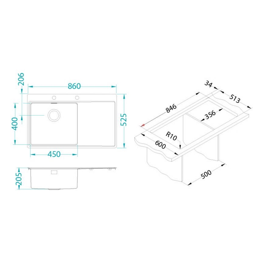 ALVEUS 1103652 - Gootsteen PURE 86x52,5 cm satin, links