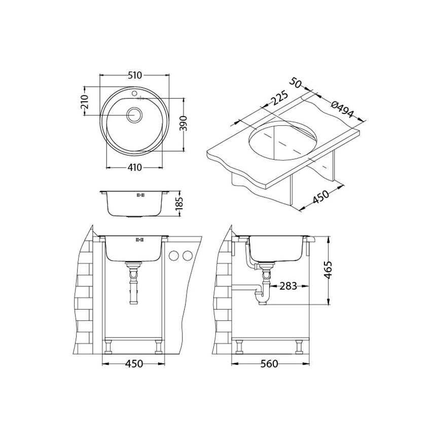 ALVEUS 1116756 - Keukenspoelbak FORM Ø 51 cm mat staal/satijn, diepte 18,5 cm