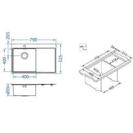 ALVEUS 1149516 - Keukenspoelbak PURE 79 x 52,5 cm, satijn, rechts + sifon met snelafsluiter