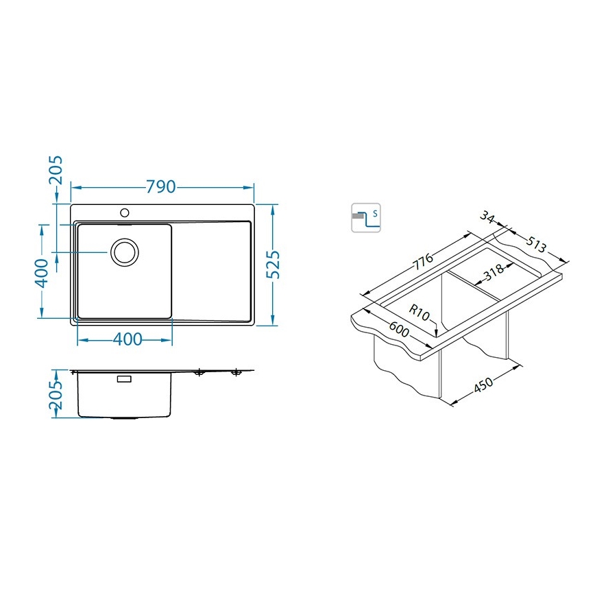 ALVEUS 1149516 - Keukenspoelbak PURE 79 x 52,5 cm, satijn, rechts + sifon met snelafsluiter