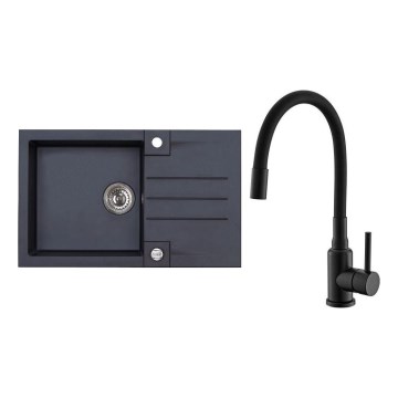 ALVEUS SETA23201 - ROCK Keukenwasbak 78x48 cm + MINTAS 34 cm kraan met flexibele slang graniet/mat zwart
