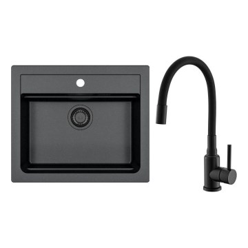 ALVEUS SETA23228 - ATROX Keukenwasbak 59x50 cm + Mengkraan met Flexibele Uitloop MINTAS 34 cm Graniet/Mate Zwart