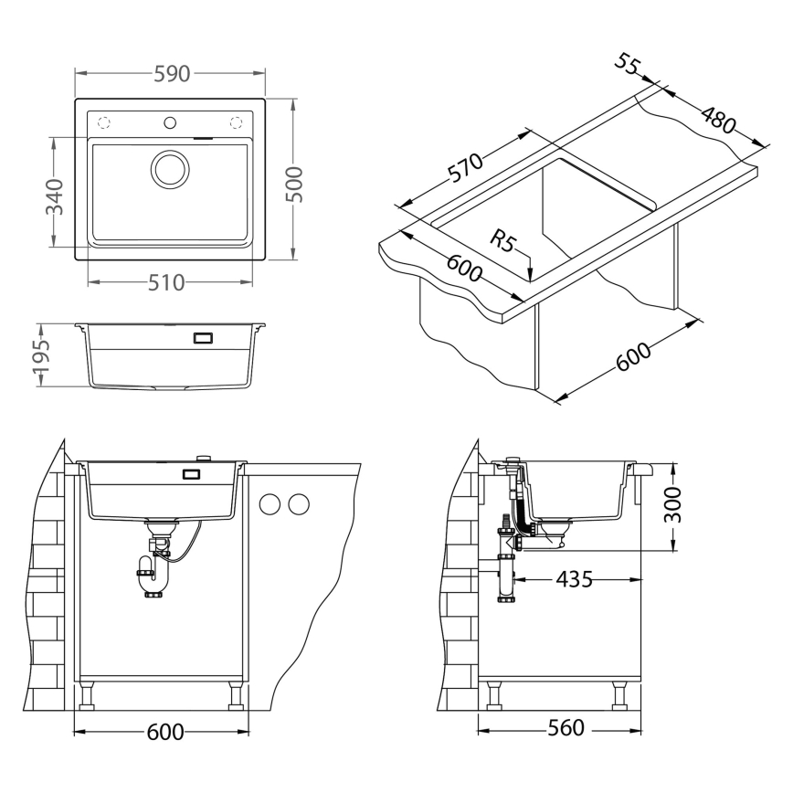 ALVEUS SETA23228 - Keukenspoelbak ATROX 59x50 cm + keukenkraan met flexibele uitloop MINTAS 34 cm graniet/mat zwart