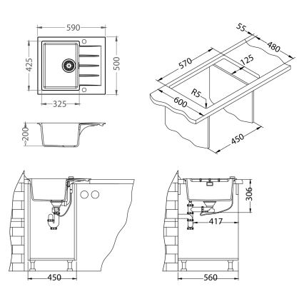 ALVEUS SETA23230 - Keukenspoelbak CADIT 59x50 cm + keukenkraan MINTAS 34 cm met flexibele uitloop, graniet/mat zwart