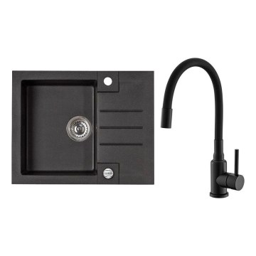 ALVEUS SETA23236 - Keukenwasbak ROCK 59,5x47,5 cm + mengkraan met flexibele uitloop MINTAS 34 cm in graniet/mat zwart