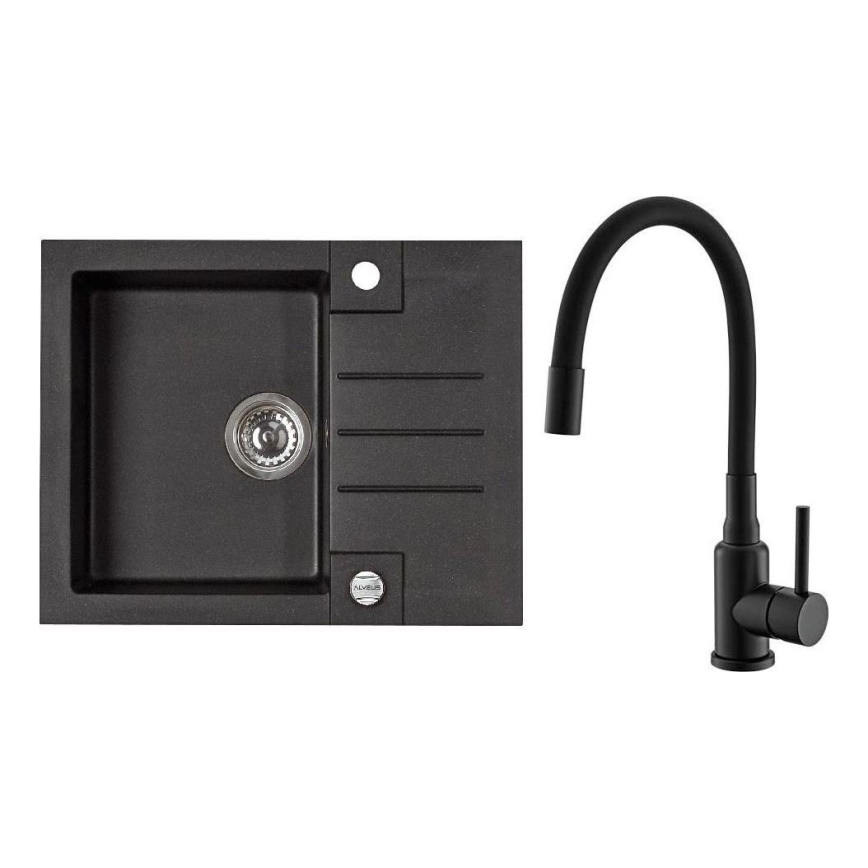 ALVEUS SETA23236 - Keukenwasbak ROCK 59,5x47,5 cm + mengkraan met flexibele uitloop MINTAS 34 cm in graniet/mat zwart
