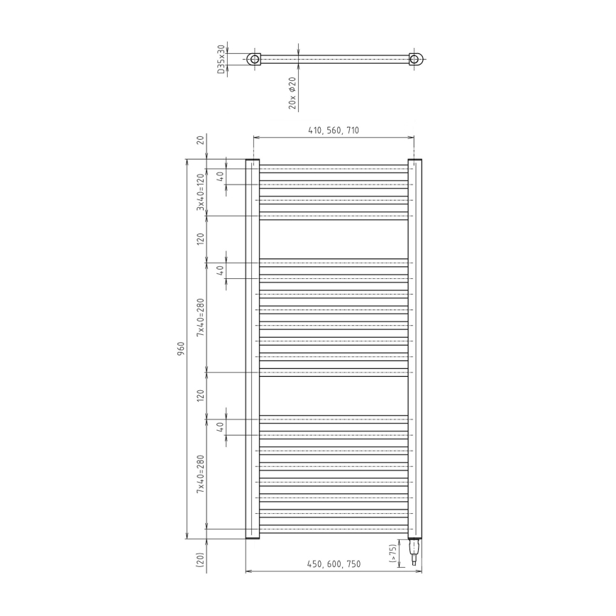 Aqualine - Badkamer elektrisch radiator DIRECT-E 300W/230V 96 cm wit Recht