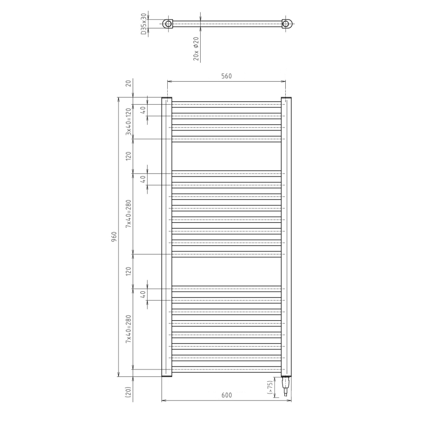Aqualine - Badkamer elektrisch radiator DIRECT-E 400W/230V 96 cm mat zwart Recht