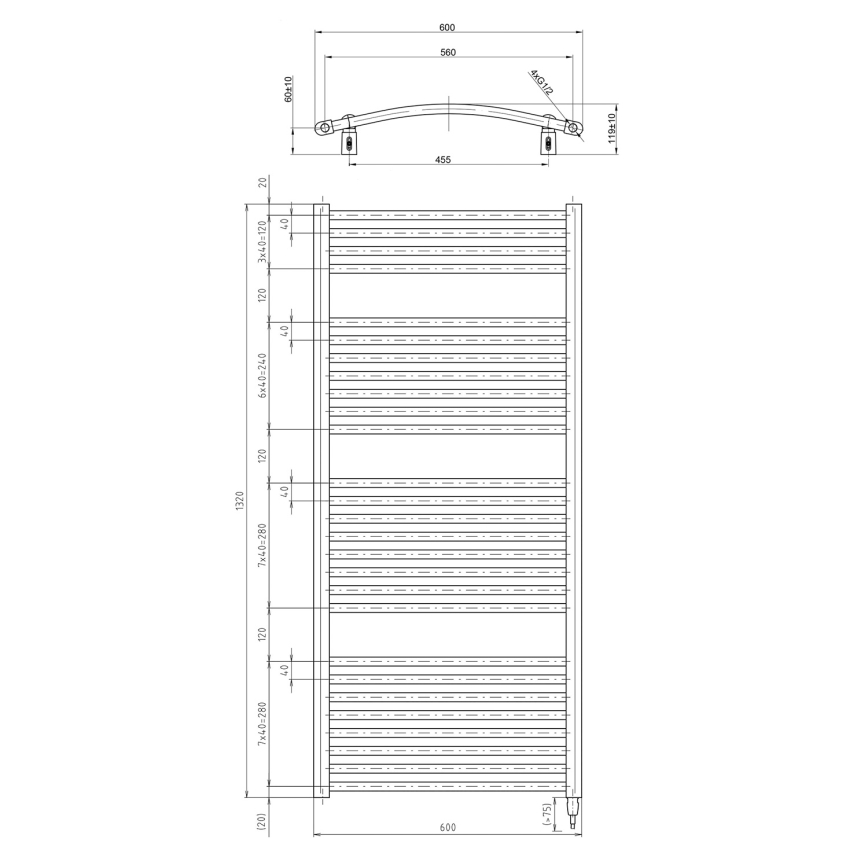 Aqualine - Elektrische badkamerradiator ORBIT-E 600 W 132 x 60 cm wit, rond