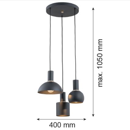 Argon 1472 - Hanglamp aan een koord SINES 3xE27/15W/230V zwart