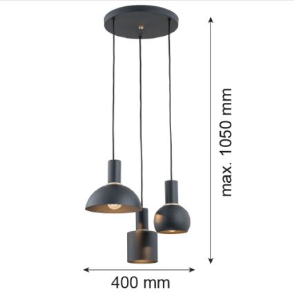 Argon 1472 - Hanglamp aan een koord SINES 3xE27/15W/230V zwart