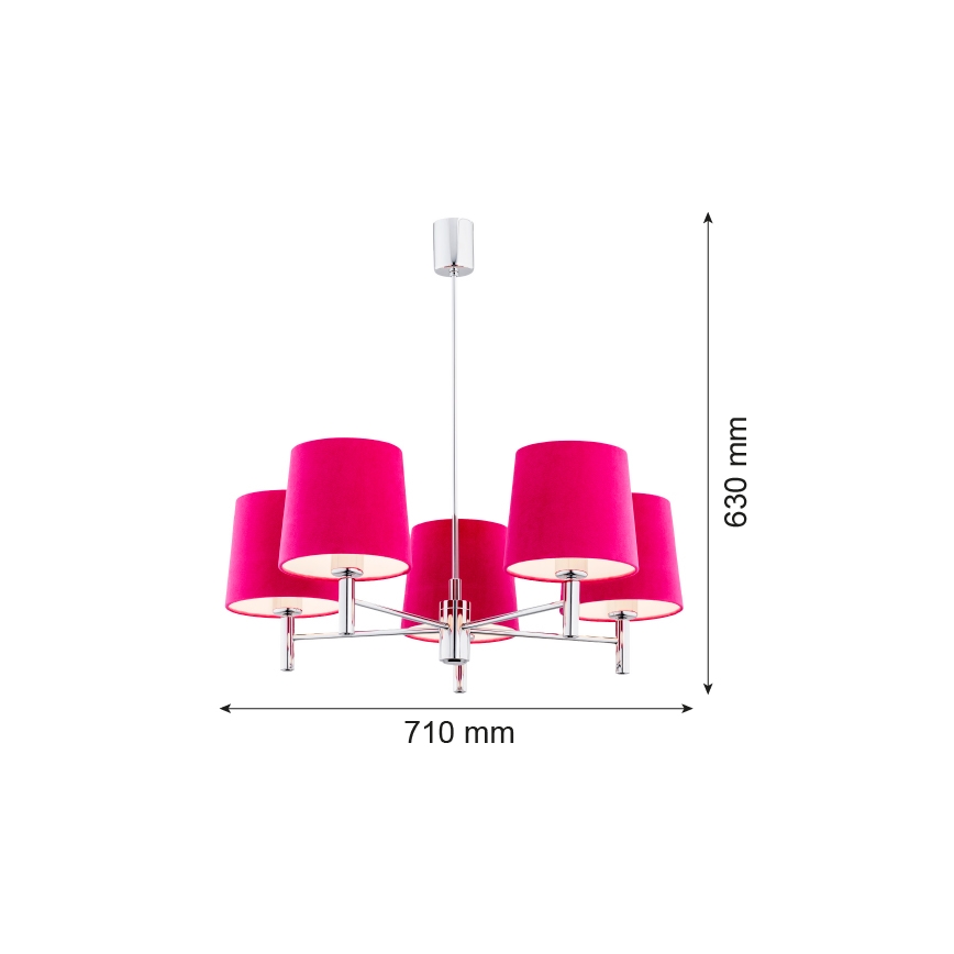 Argon 2075 - Hanglamp aan een paal BOLZANO 5xE27/15W/230V roze/glanzend chroom
