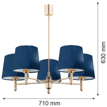 Argon 2086 - Hanglamp aan stang PONTE 5xE27/15W/230V messing/blauw
