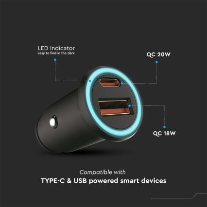 Auto-oplader Power Delivery 20W 12-24V/3A USB/C zwart