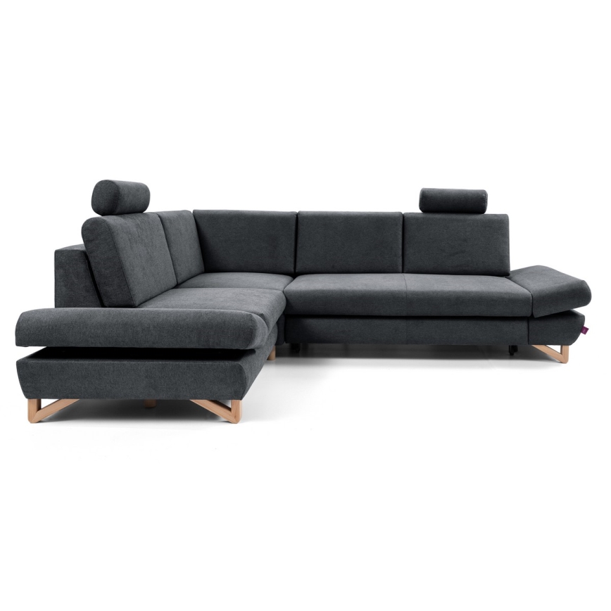 Uitschuifbare L-vormige gestoffeerde hoekbank met opbergruimte AVESTA links antraciet