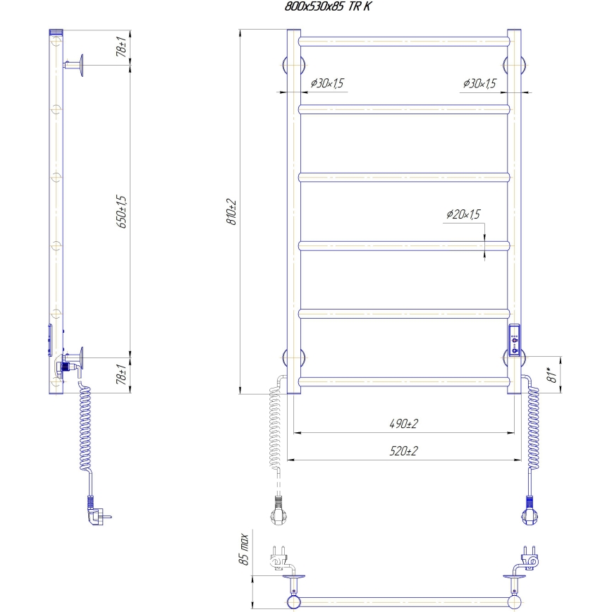 Badkamer handdoekradiator CLASSIC 110W/230V 81x52 cm RVS/zwart rechts