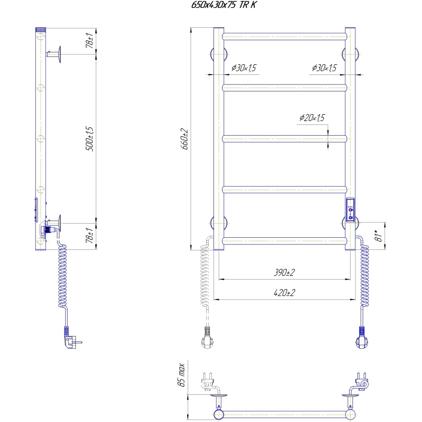 Badkamer-handdoekradiator CLASSIC 65W/230V 66x42 cm RVS/hoogglans chroom rechts