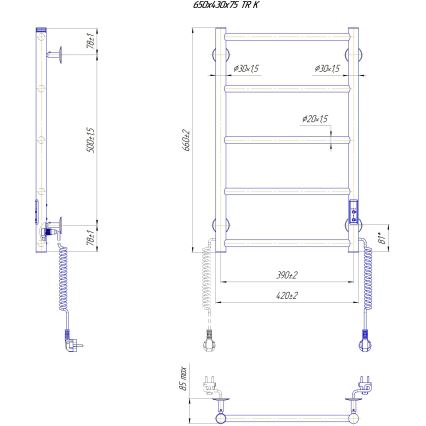 Badkamer handdoekradiator CLASSIC 65W/230V 66x42 cm RVS/wit rechts