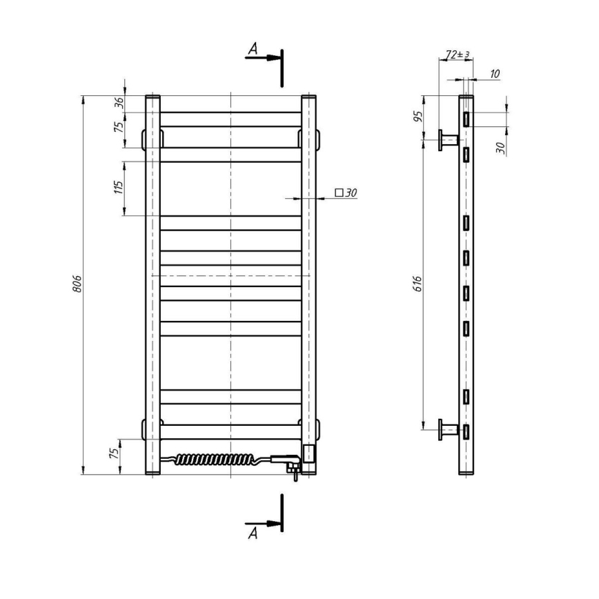 Badkamer handdoekradiator met thermostaat AVANGARD 251W/230V 80,6 cm IP44 wit links hoekig