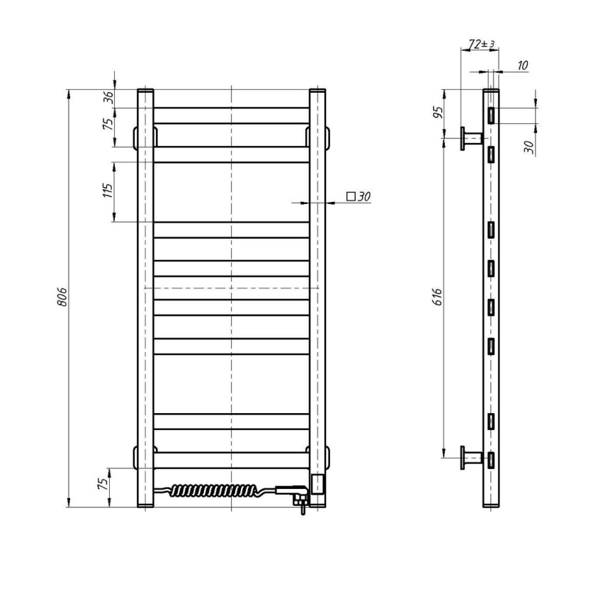 Badkamerradiator met thermostaat AVANGARD 251W/230V 80,6cm IP44 zwart, rechts, rechthoekig