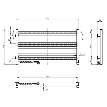Handdoekradiator voor badkamer met thermostaat AVANGARD 316W/230V 50,6 cm IP44 zwart links vierkant