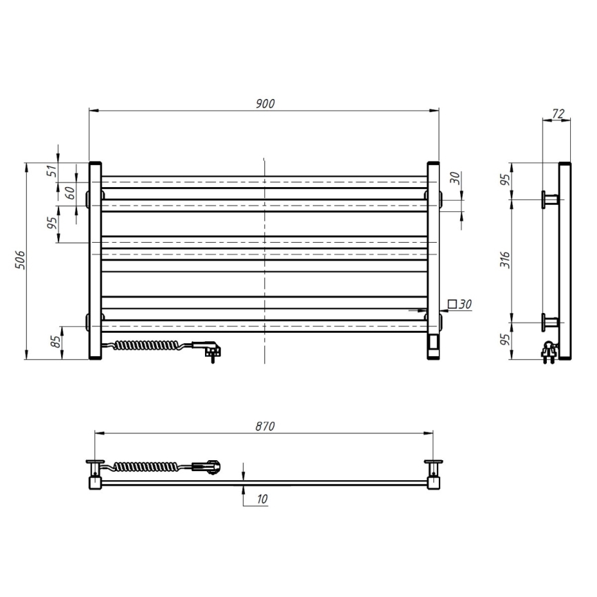 Handdoekradiator voor badkamer met thermostaat AVANGARD 316W/230V 50,6 cm IP44 zwart links vierkant