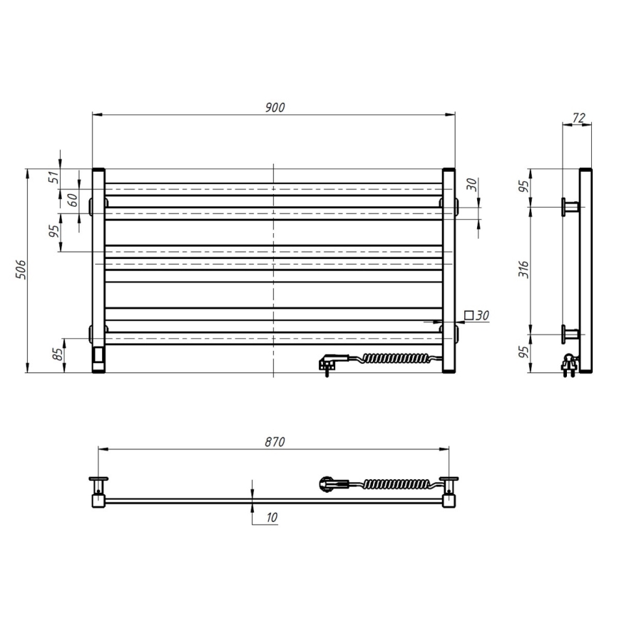 Handdoekradiator voor badkamer met thermostaat AVANGARD 316W/230V 50,6 cm IP44 zwart rechts hoekig