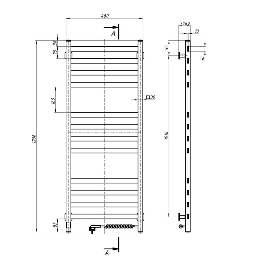 Ladderradiator voor badkamer met thermostaat AVANGARD 459W/230V 120,6cm IP44 wit rechts vierkant