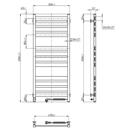 Badkamer handdoekradiator met thermostaat LARGO 541W/230V 120,6 cm IP44 zwart rechts vierkant