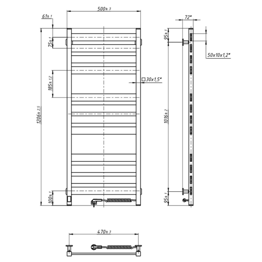 Badkamer handdoekradiator met thermostaat LARGO 541W/230V 120,6 cm IP44 zwart rechts vierkant