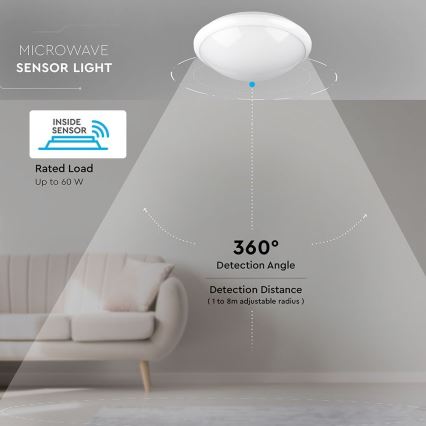 Badkamer plafondlamp met sensor 1xE27/60W/230V IP44 ø 29,6 cm