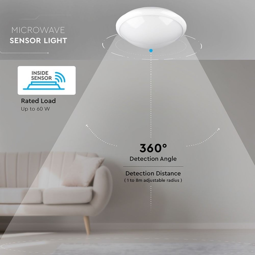 Badkamer plafondlamp met sensor 1xE27/60W/230V IP44 ø 29,6 cm