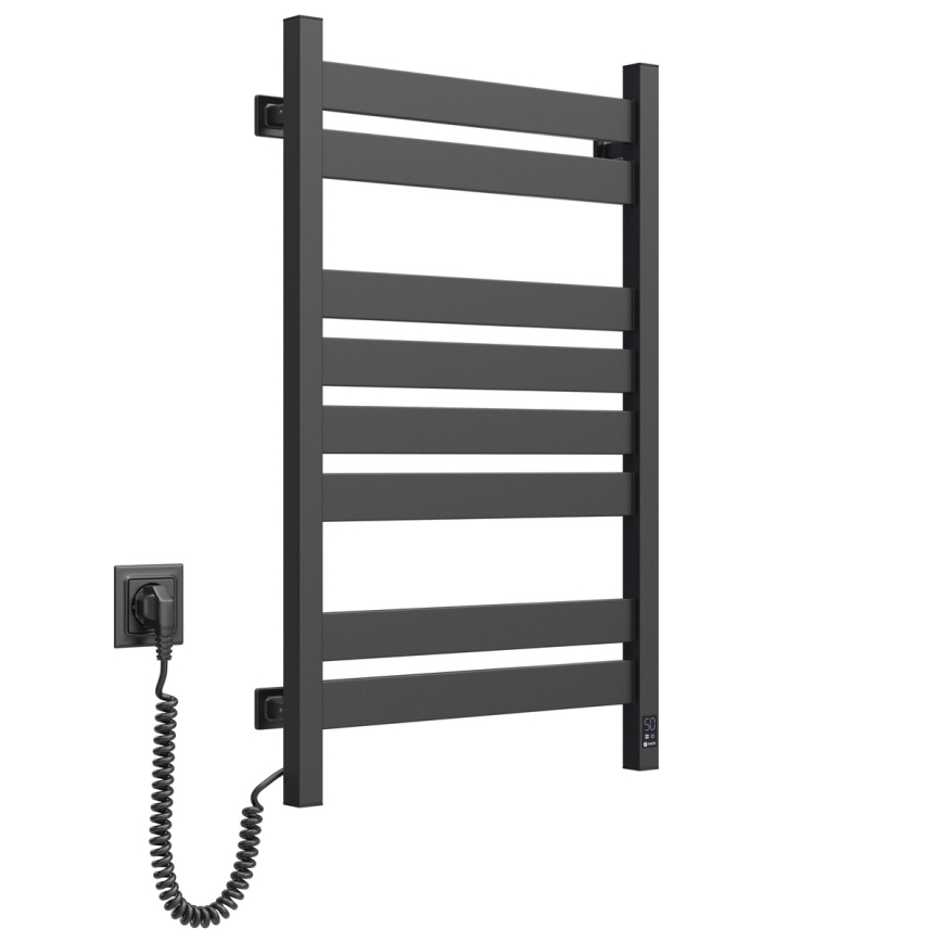 Badkamer-handdoekradiator met thermostaat LARGO, 432 W / 230 V, 80,6 cm, IP44, zwart, links, vierkant
