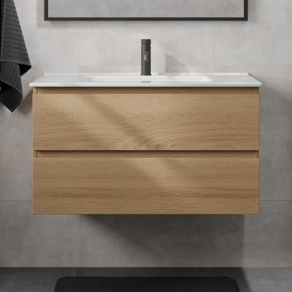 Badmeubel met wastafel KENWOOD 91 cm eiken/wit