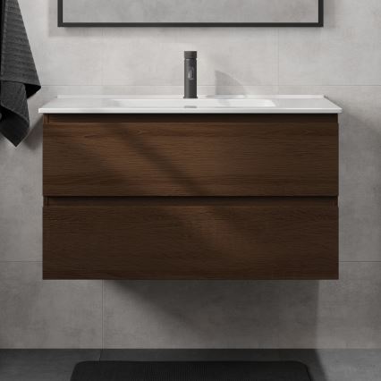 Badmeubel met wastafel KENWOOD 91 cm walnoot/wit