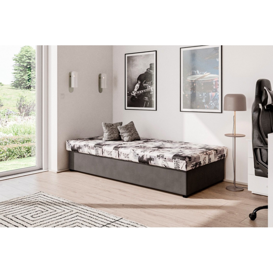 Bed NOE 90x200 met veringmatras en opbergruimte, grijs/zwart
