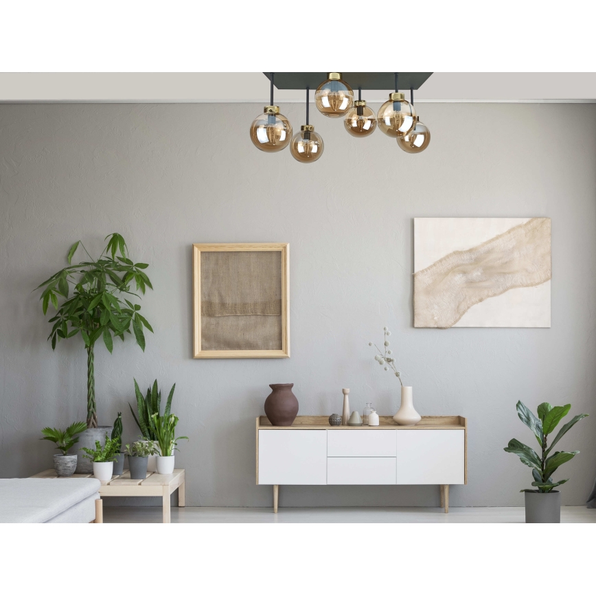 Bevestigde hanglamp DEA 6xE14/60W/230V zwart/goud/gerookt beige