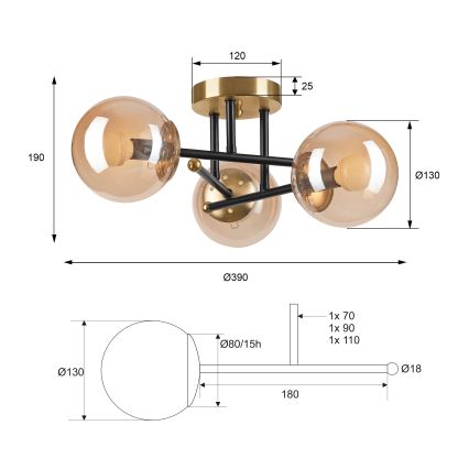 Bevestigde hanglamp MALENA 3xE14/5W/230V goud/zwart/gerookt beige