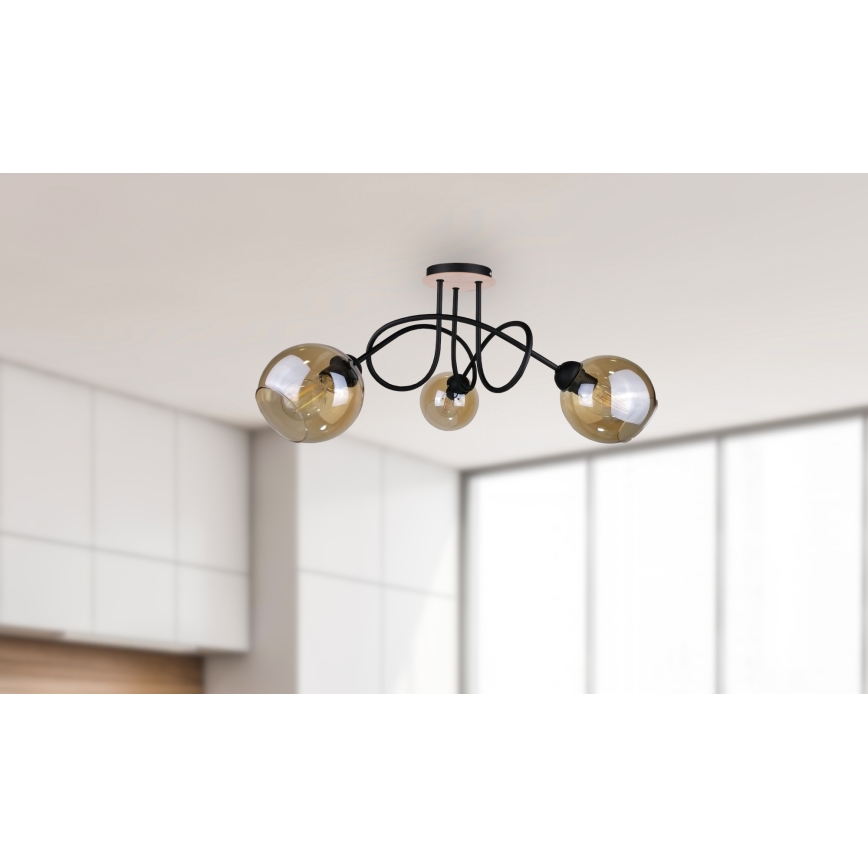 Bevestigde hanglamp VENUS WOOD 3xE27/60W/230V zwart/gerookt bruin