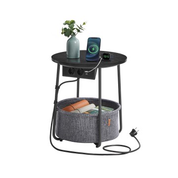 Bijzettafel met geïntegreerde stopcontacten en USB-poorten NOIRA 45 cm grijs/zwart