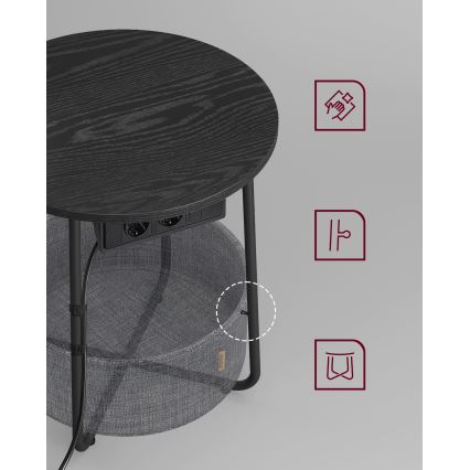 Bijzettafel met geïntegreerde stopcontacten en USB-poorten NOIRA 45 cm grijs/zwart