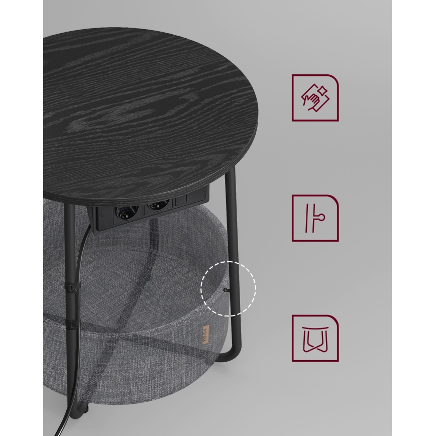 Bijzettafel met geïntegreerde stopcontacten en USB-poorten NOIRA 45 cm grijs/zwart