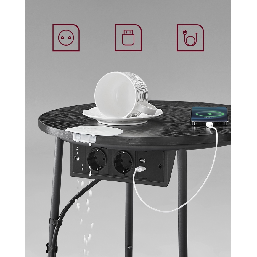 Bijzettafel met geïntegreerde stopcontacten en USB-poorten NOIRA 45 cm grijs/zwart
